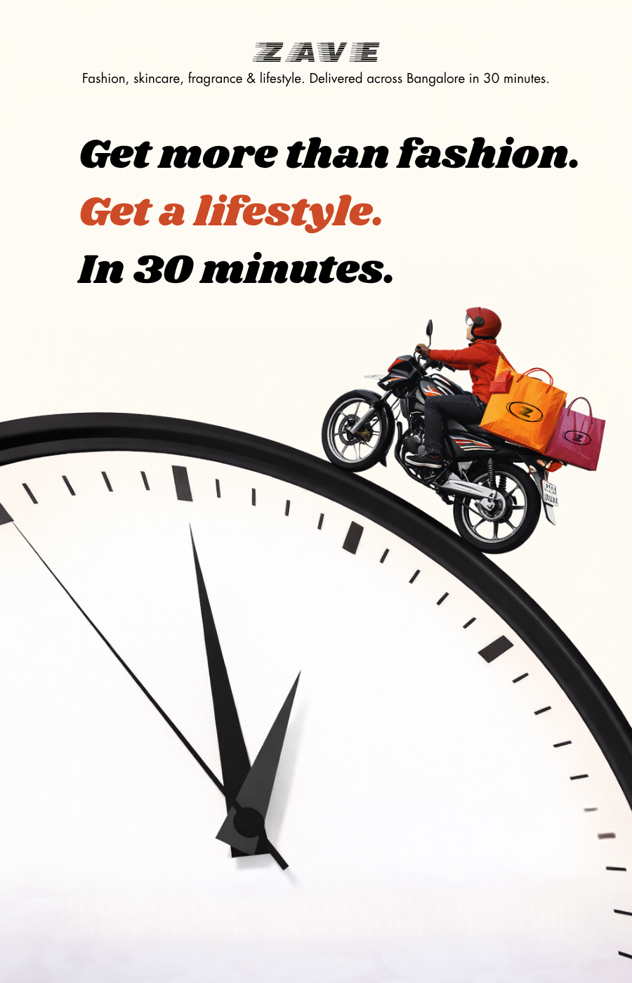 ZAVE 30 minute delivery in Bangalore with rider carrying fashion, beauty and lifestyle shopping bags on a clock