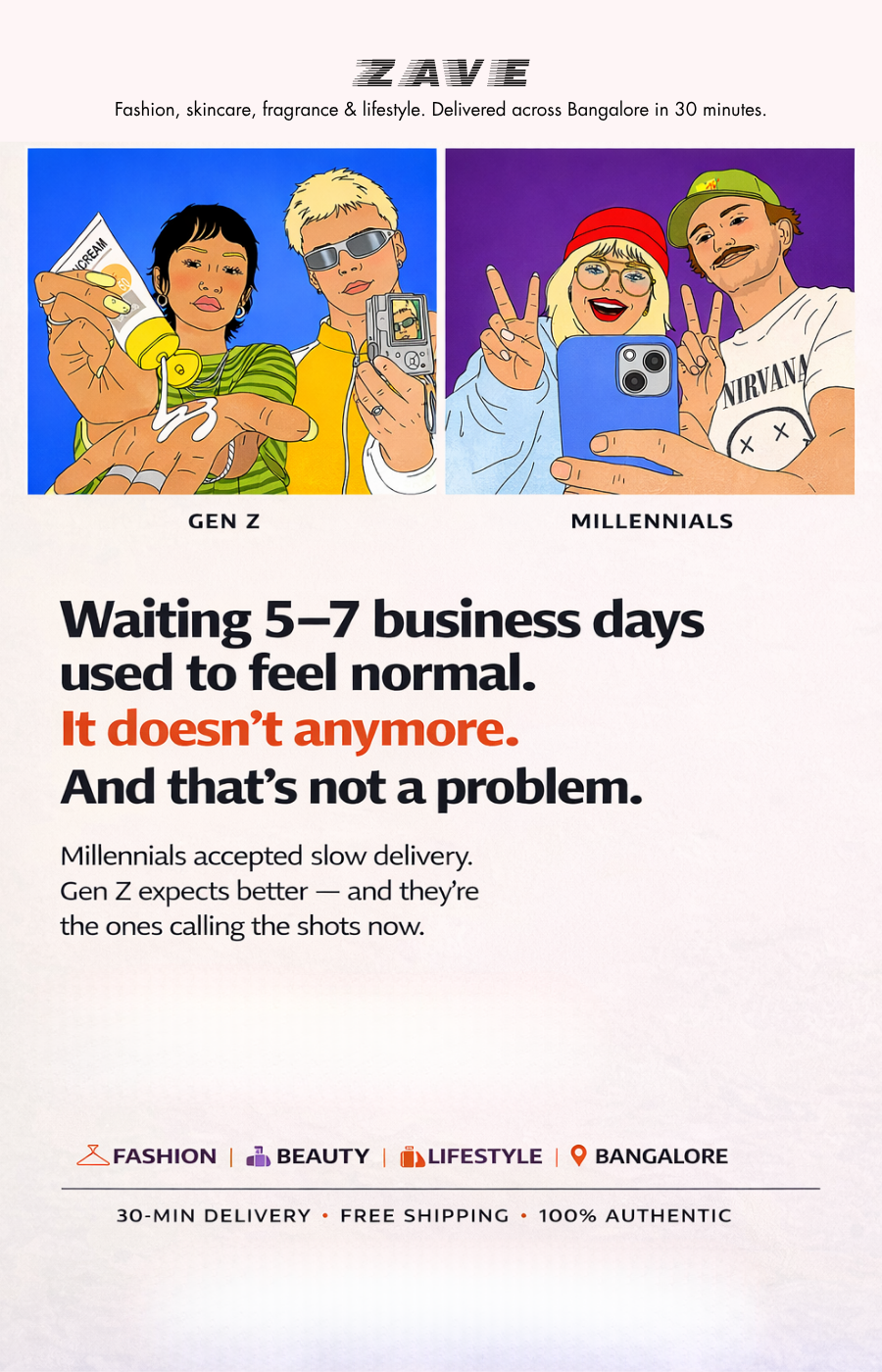Gen Z vs Millennials shopping comparison with ZAVE 30 minute fashion, beauty and lifestyle delivery in Bangalore