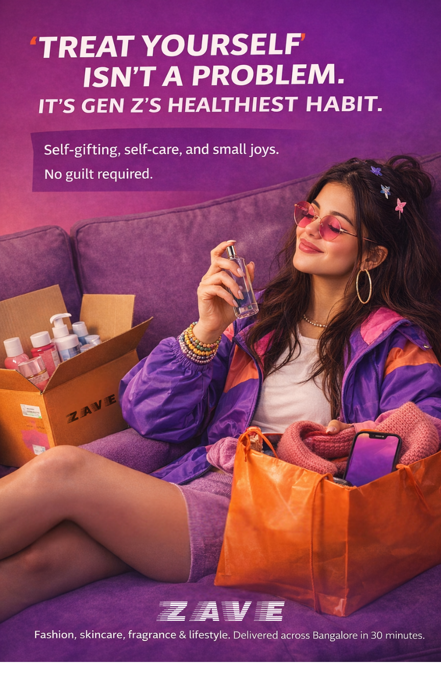Gen Z woman doing self-care with ZAVE fashion, skincare, and fragrance delivery in Bangalore within 30 minutes