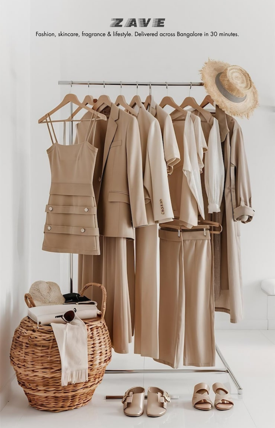 Capsule wardrobe by ZAVE in neutral tones with beige outfits, dresses, blazers, and minimalist fashion styling for modern everyday wear