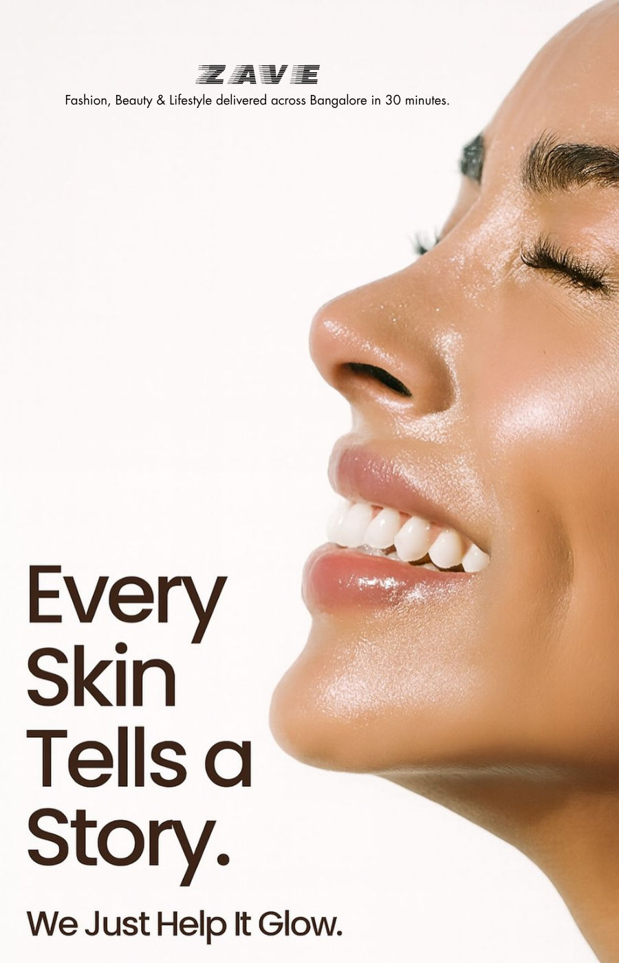 Close-up of radiant glowing skin with ZAVE skincare and beauty delivery in Bangalore