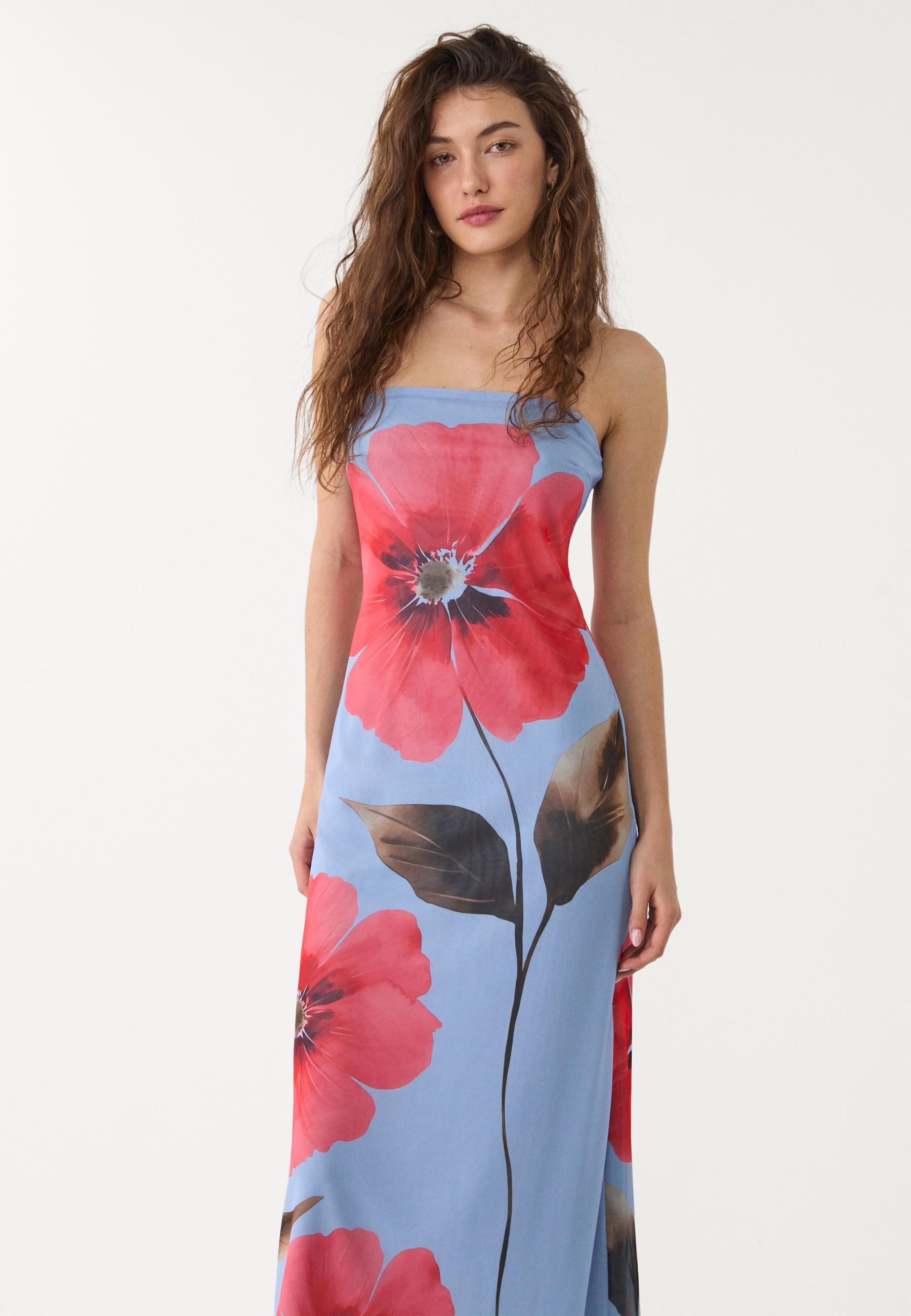 MWB Long Printed Tulle Dress With Bandeau Neckline