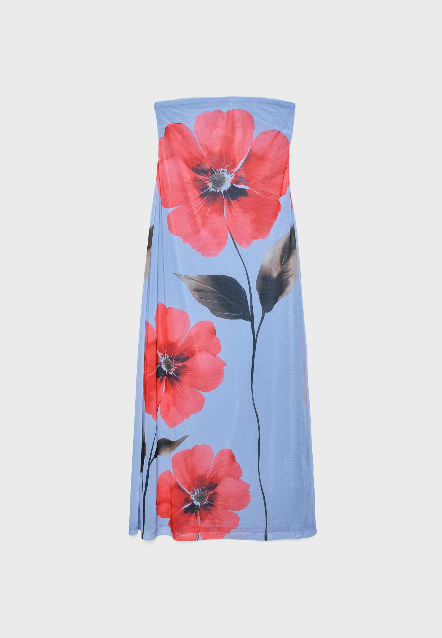 MWB Long Printed Tulle Dress With Bandeau Neckline