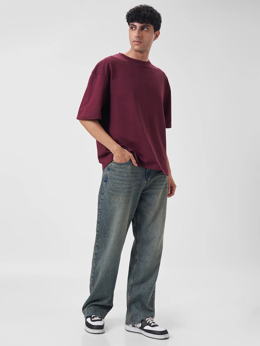 SOLIDS Men's Oversized T Shirt Berry Maroon - ZAVE