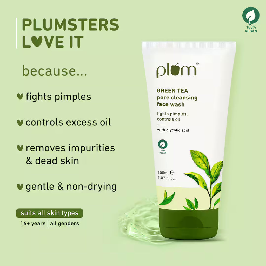 Plum Green - Tea Pore Cleansing Gel Face Wash with Glycolic Acid Fights Acne & Oil Clear Skin
