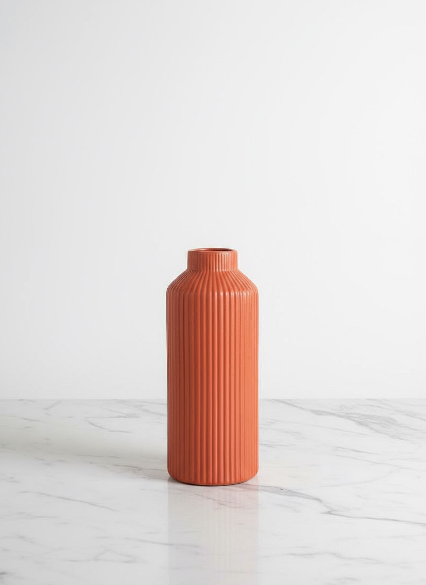Zave Tall Ribbed Ceramic Vase / Terracotta Fluted Bottle Vase