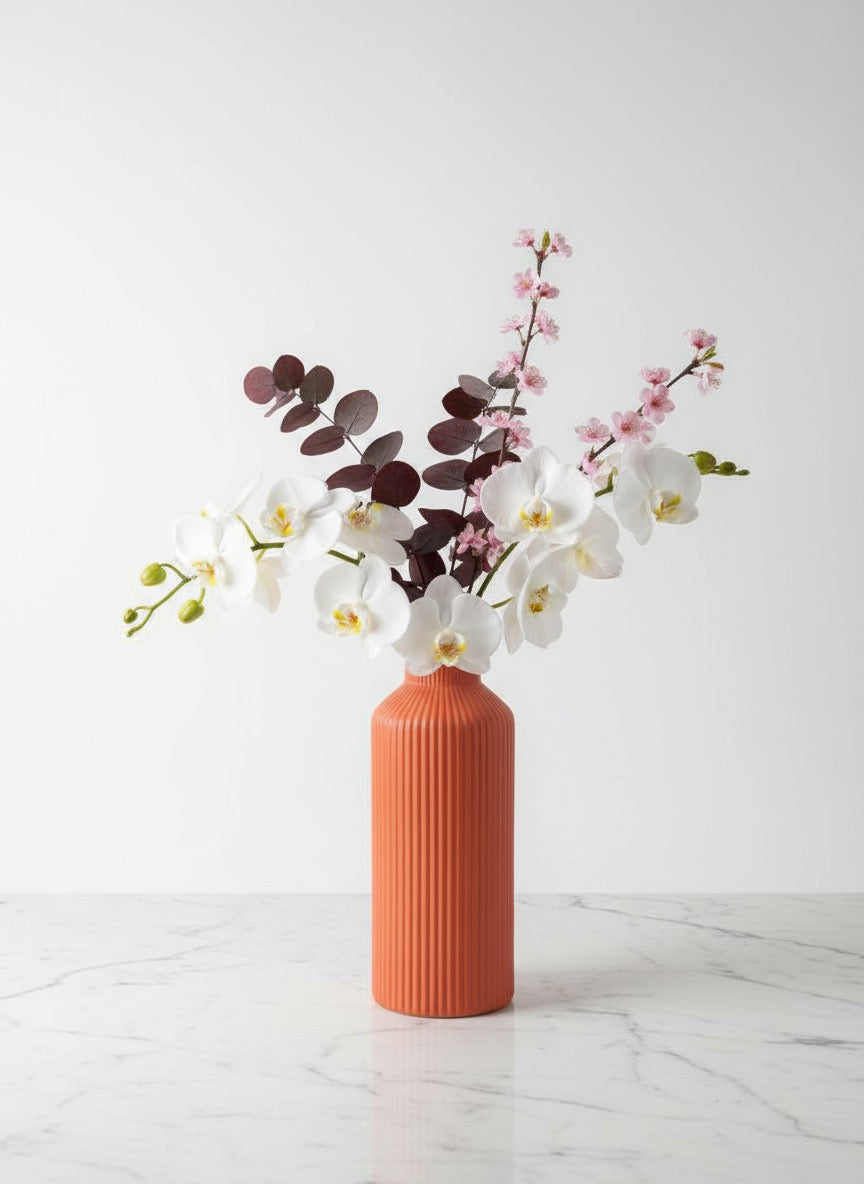 Zave Tall Ribbed Ceramic Vase / Terracotta Fluted Bottle Vase
