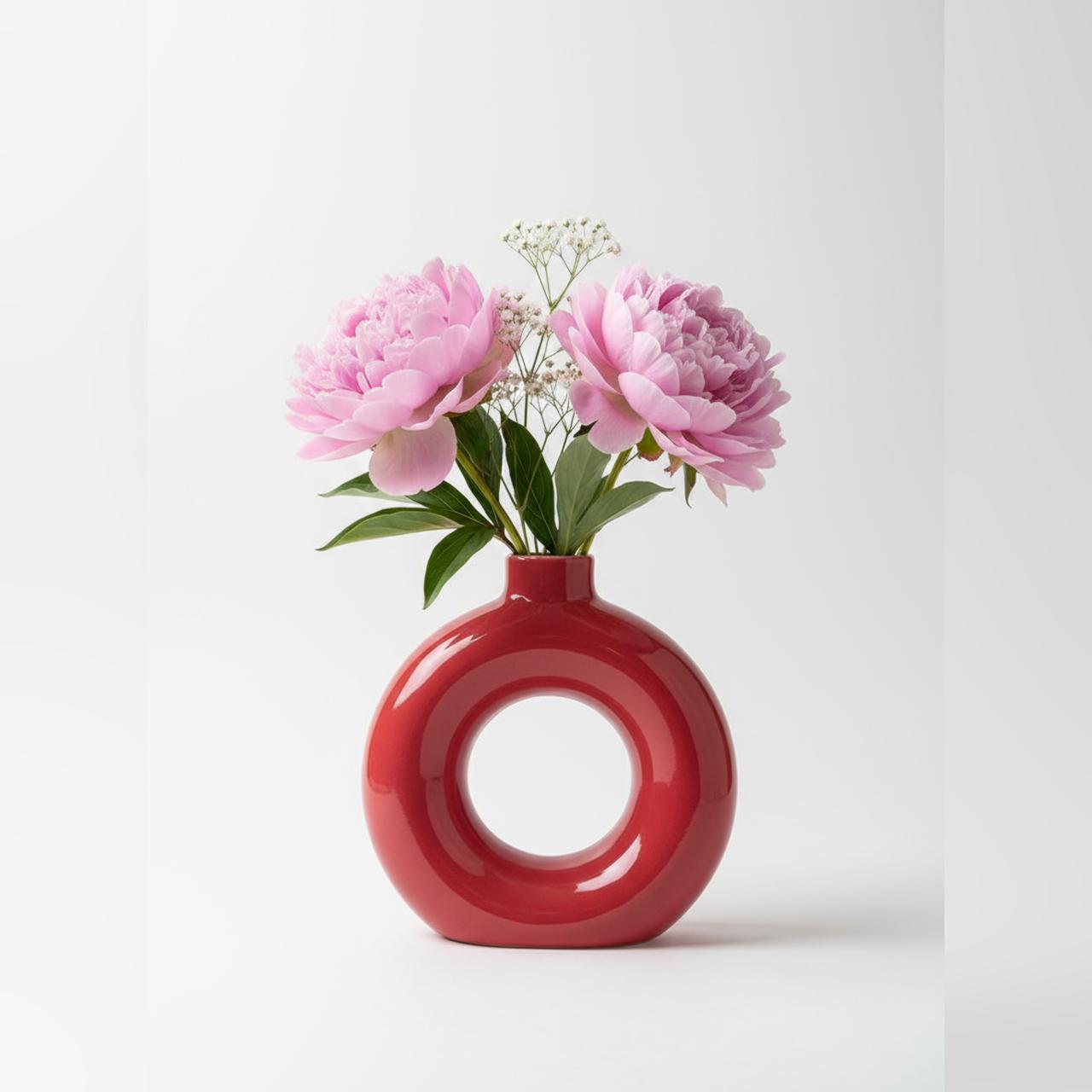 Zave Modern Ceramic Donut Vase / Red Ring Vase