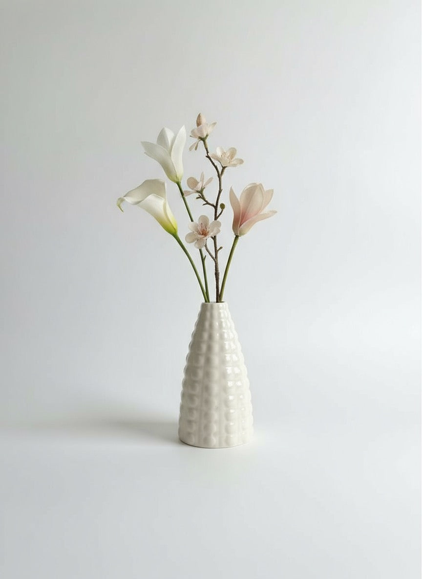Zave White Ceramic Hobnail Vase / Textured Conical Vase