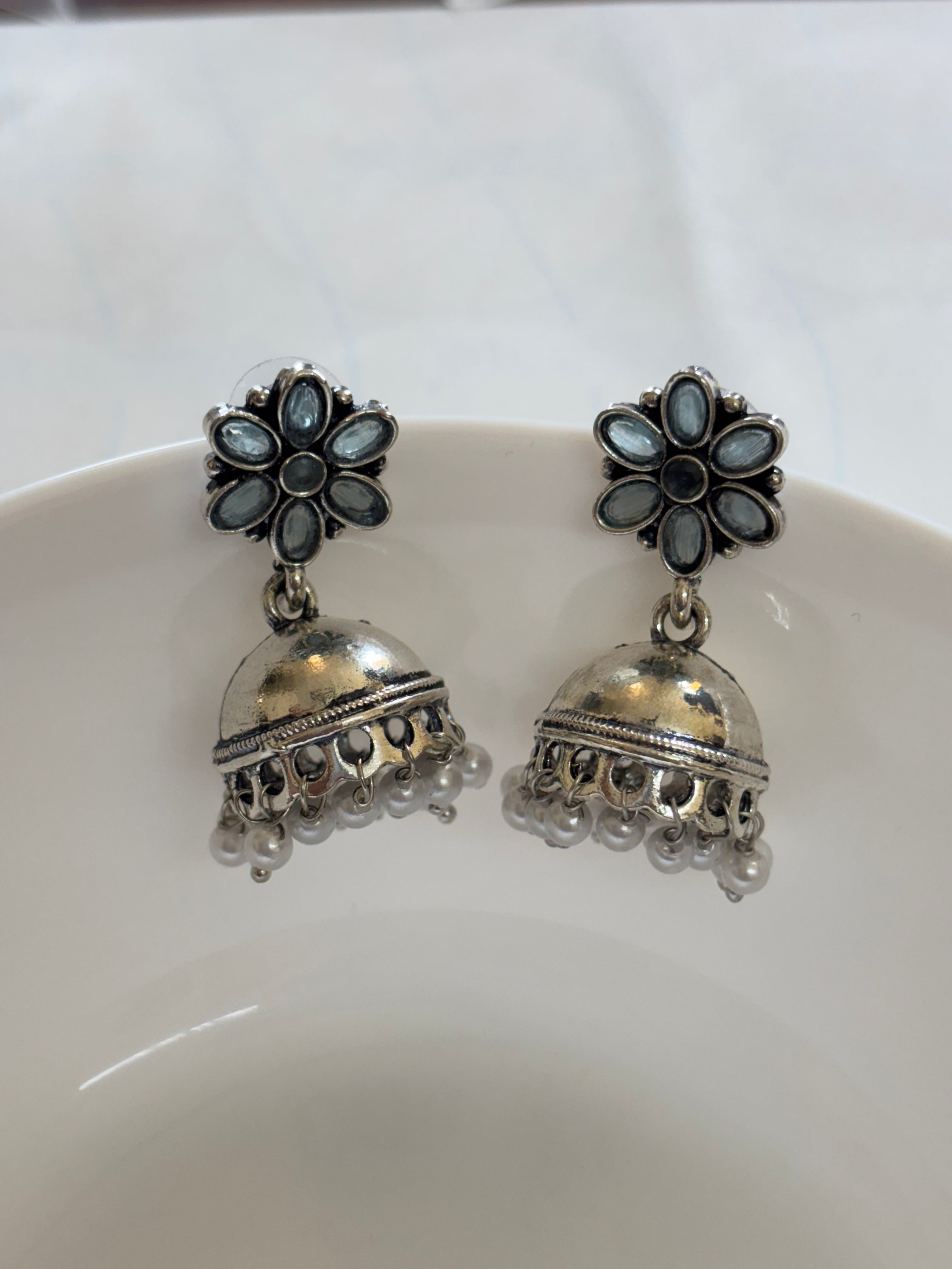 Zave Silver Floral Jhumka Earrings