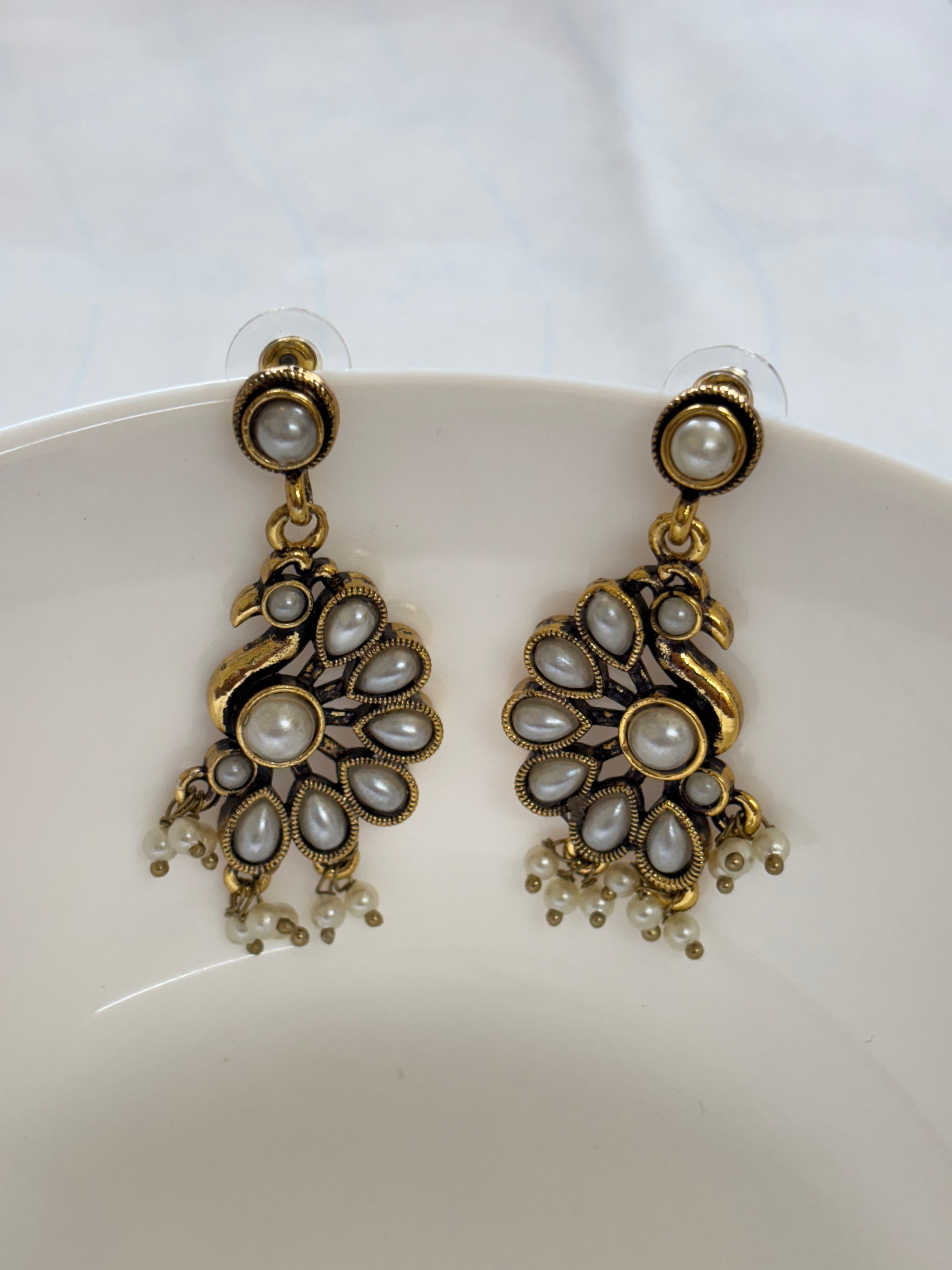 Zave Oxidized Pearl Peacock Drop Earrings