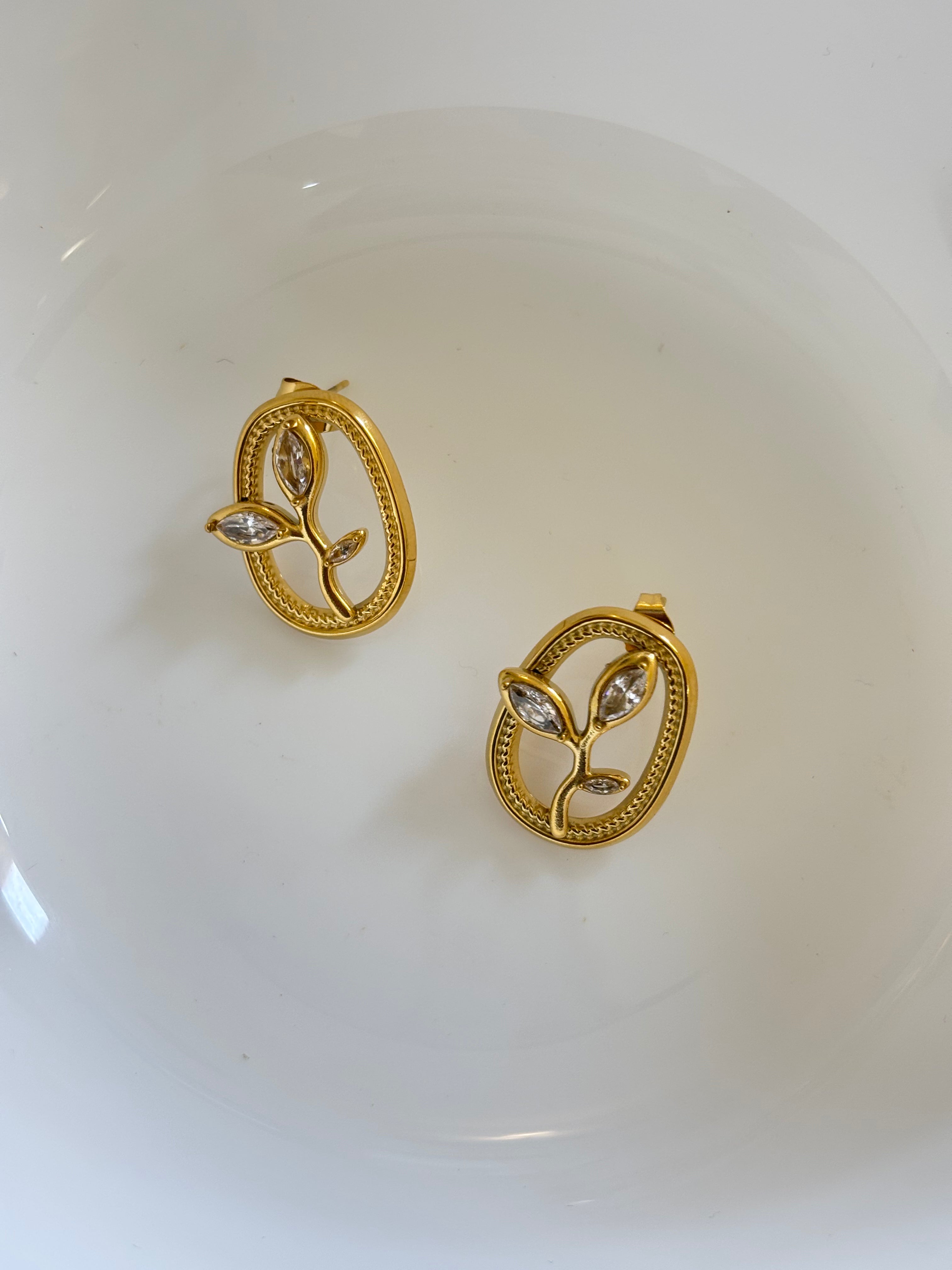 Zave Gold and Crystal Leaf Stud Earrings