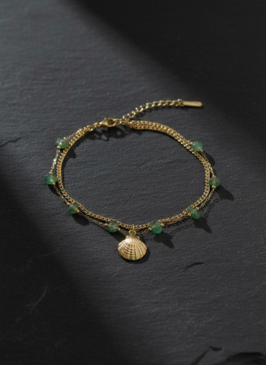 ZAVE Shell Charm Beaded Bracelet – Gold-Tone & Green Beads