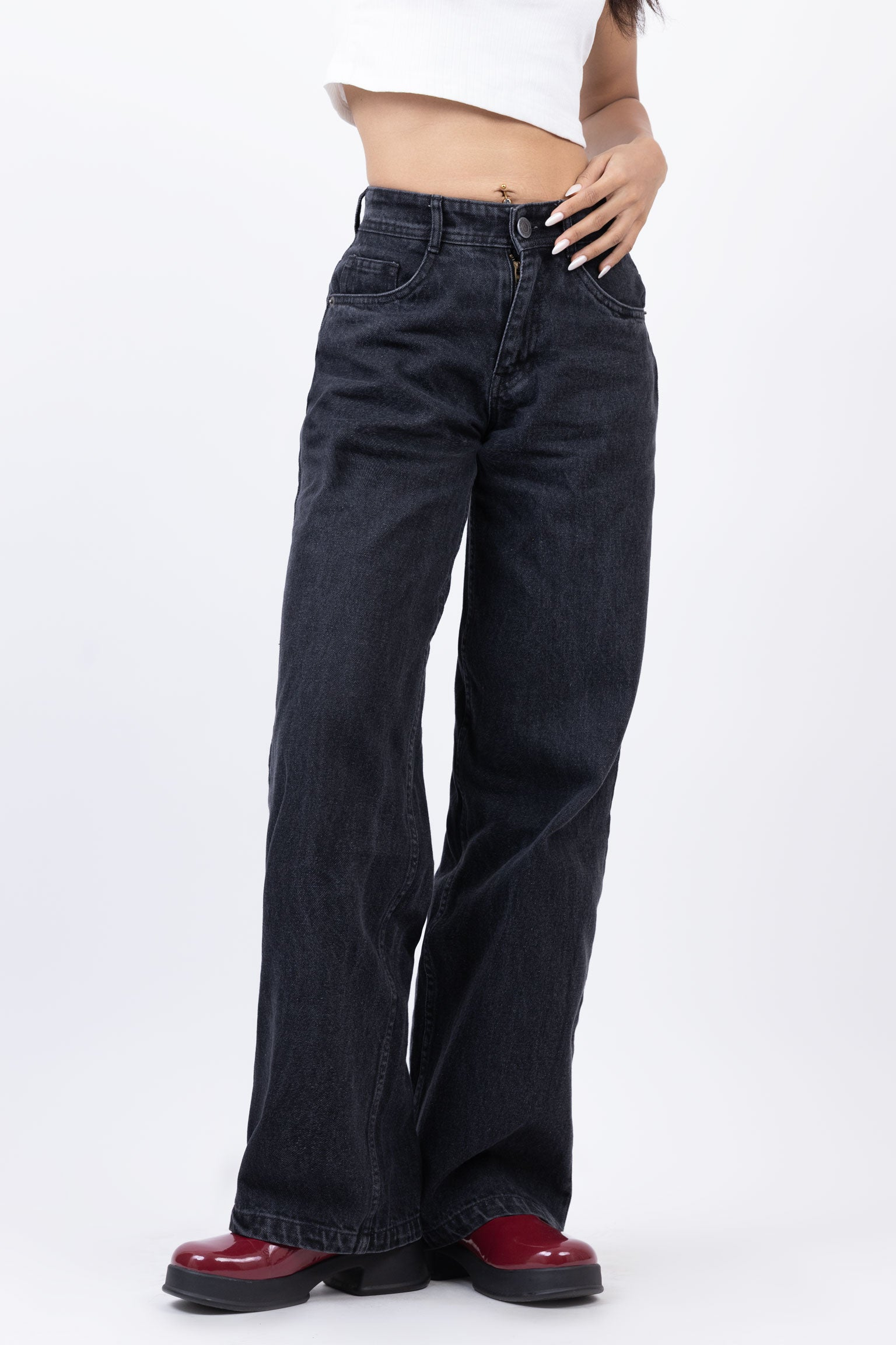 HAYD - Front Cut High Waisted Straight Fit Jeans Black