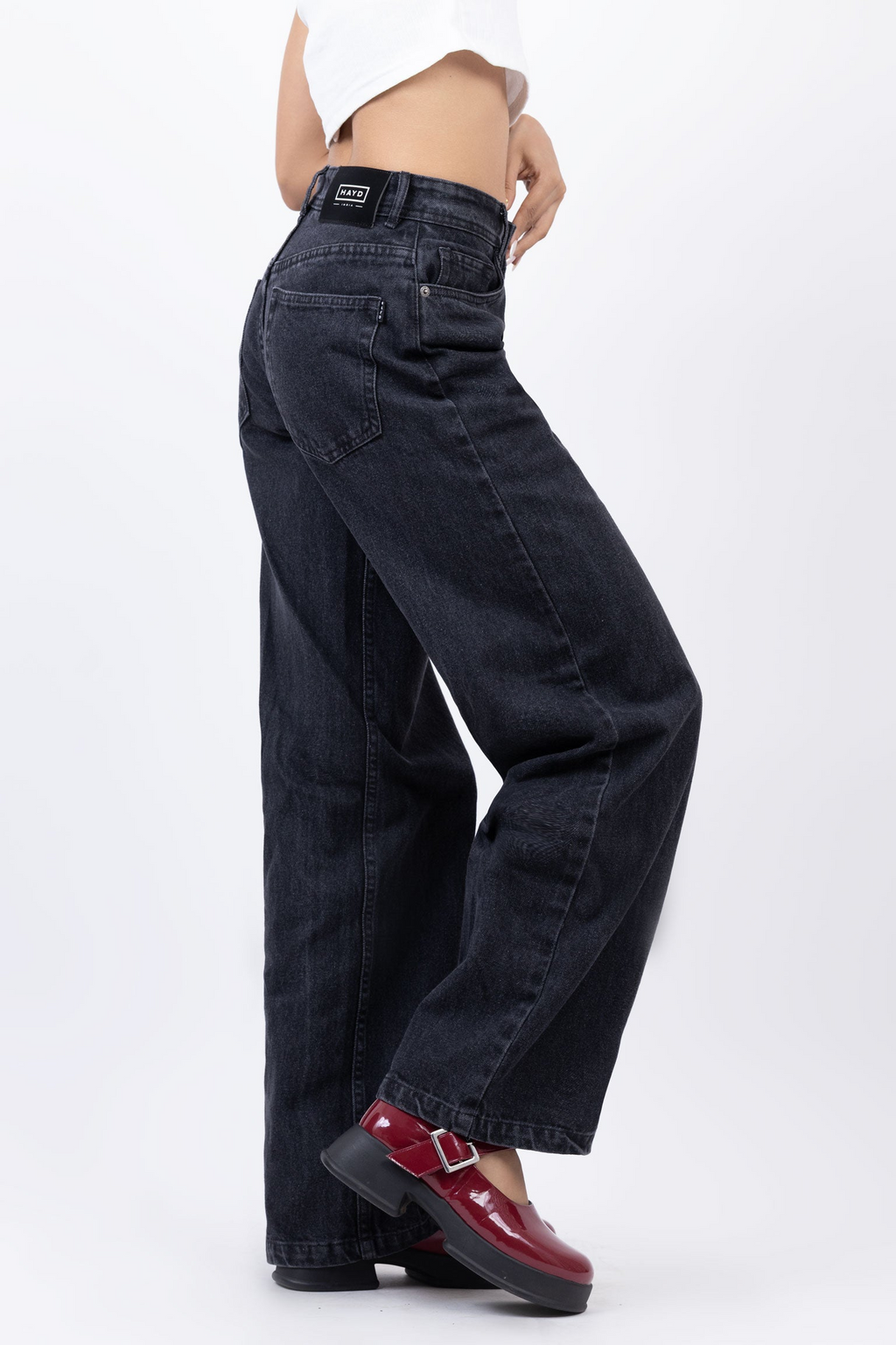 HAYD - Front Cut High Waisted Straight Fit Jeans Black
