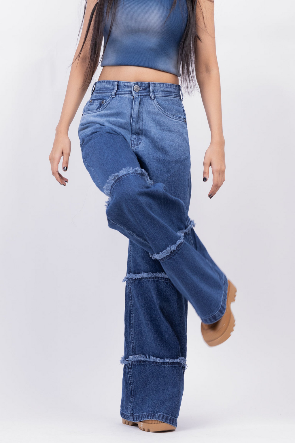 HAYD - Two Tone High Waist Wide Leg Jeans