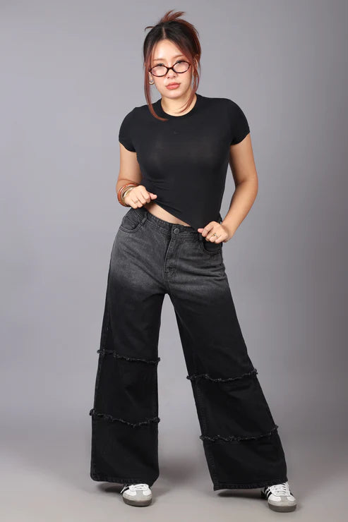 Hayd - Two Tone High Waist Wide Leg Jeans