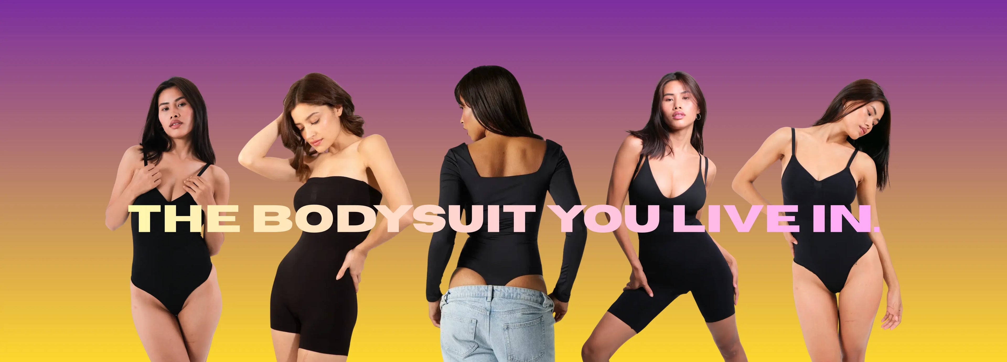 Five models wearing black bodysuits on a gradient background with promotional text.