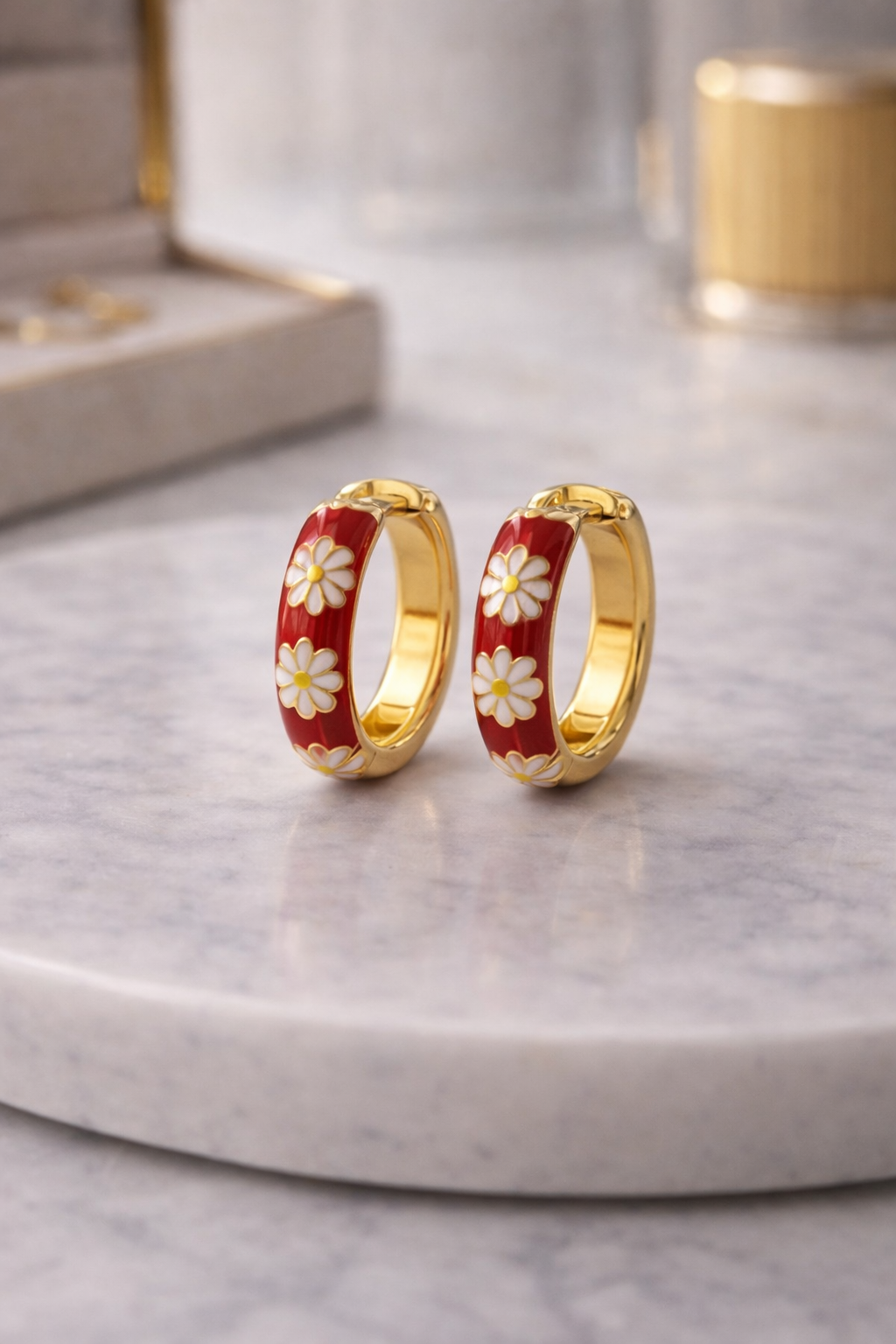ZAVE Red Floral Enamel Hoops
